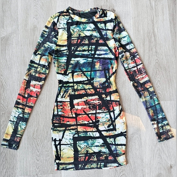 Small Blanc Abstract Print Long-Sleeve Bodycon Dress - Picture 3 of 5